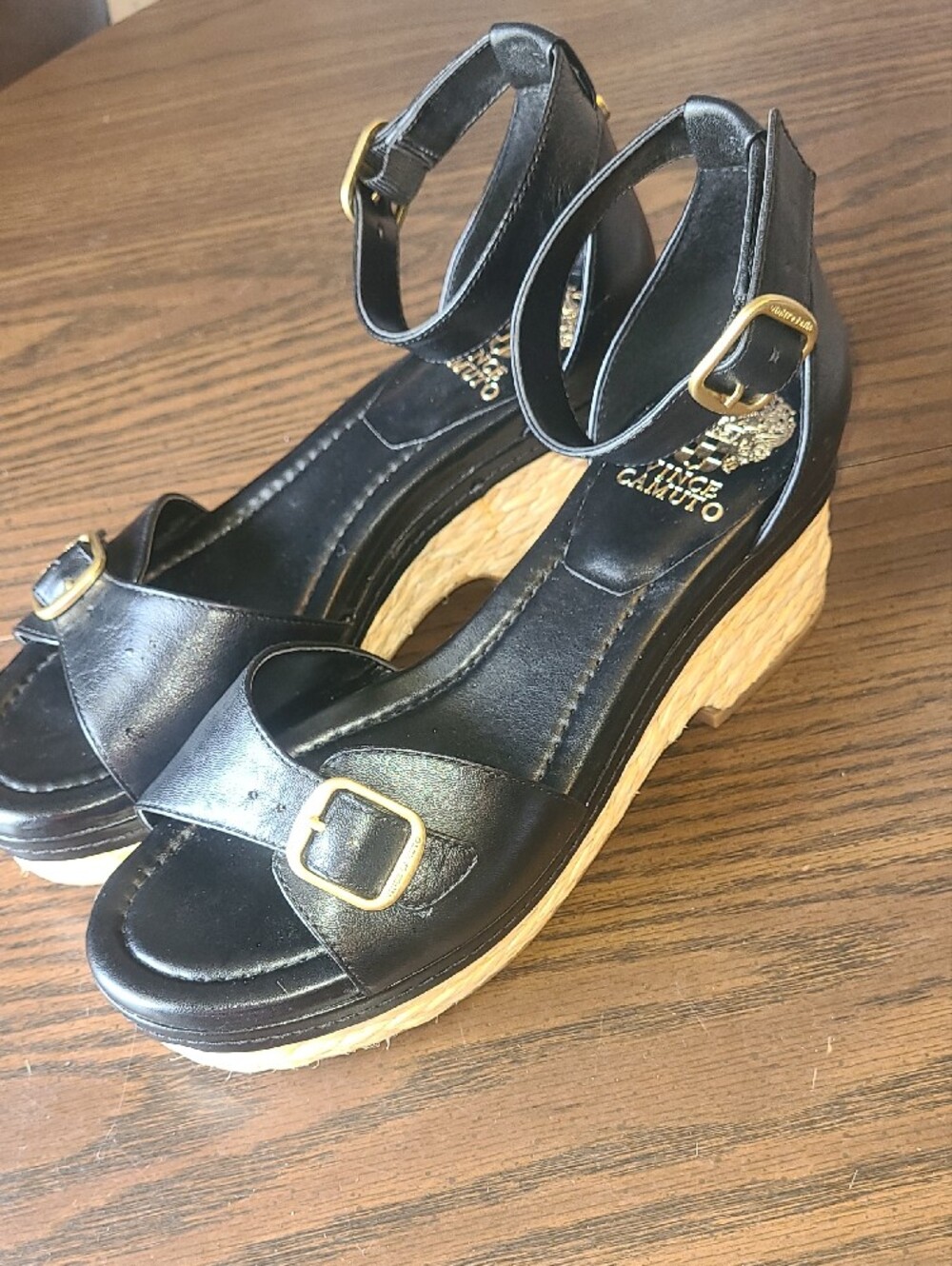 Vince Camuto Adjustable Wedge Sandals Meterry Black Leather Womens Size 8.5 M